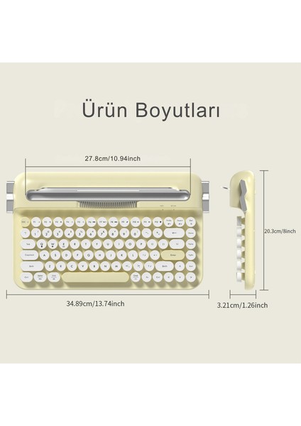 AF84 Kablosuz Bluetooth & 2.4g Çift Modlu Retro Daktilo Tasarımlı Klavye – Yuvarlak Tuşlu, Tablet & Telefon Standlı, Ergonomik, Taşınabilir, Pille Çalışan, Sessiz ve Konforlu Sarı fiyatları