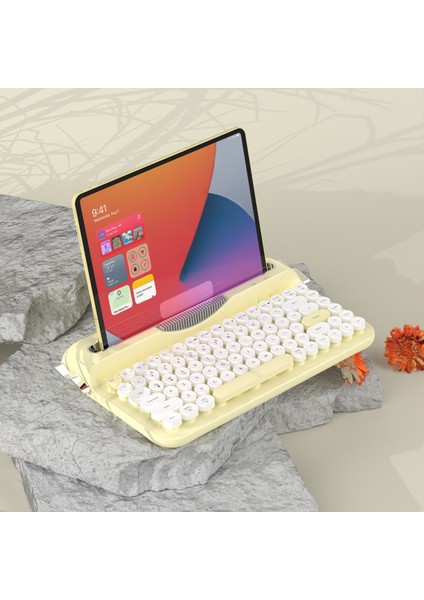 AF84 Kablosuz Bluetooth & 2.4g Çift Modlu Retro Daktilo Tasarımlı Klavye – Yuvarlak Tuşlu, Tablet & Telefon Standlı, Ergonomik, Taşınabilir, Pille Çalışan, Sessiz ve Konforlu Sarı modelleri