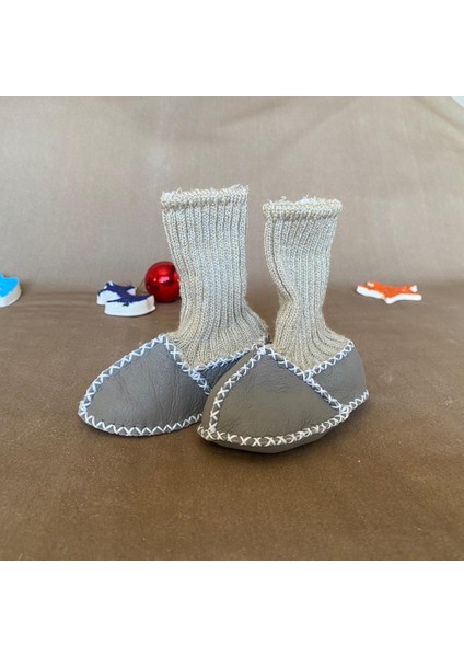 Bebek Unisex Organik Kuzu Derisi Ilk Adım Ayakkabısı Çoraplı Panduf Patik Antrasit modelleri