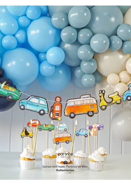 3 Parça Klasik Arabalar Tema Pasta Süsü Cake Topper Banner ve 6 Adet Metalik Gold Mum Doğum Günü Süsleme Parti Seti