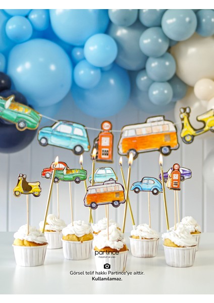 3 Parça Klasik Arabalar Tema Pasta Süsü Cake Topper Banner ve 6 Adet Metalik Gold Mum Doğum Günü Süsleme Parti Seti modelleri