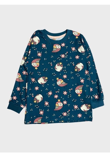 Kız Çocuk %100 Pamuklu Yeşil Baykuş Çiçek Desenli Uzun Kollu Kışlık Pijama Takımı fırsatları