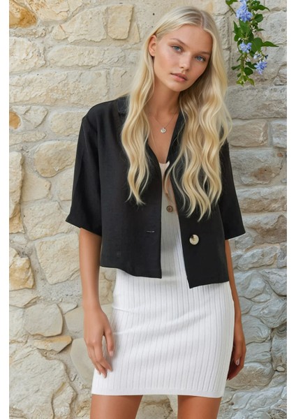 Kadın Siyah Kısa Kollu Şal Yaka Düğmeli Mevsimlik Keten Ayrobin Ceket HZL24S-BD107061 fiyatları