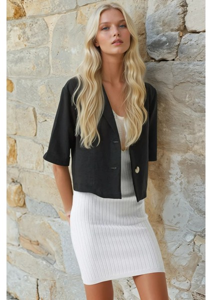 Kadın Siyah Kısa Kollu Şal Yaka Düğmeli Mevsimlik Keten Ayrobin Ceket HZL24S-BD107061 modelleri
