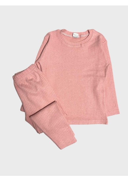 Kız Çocuk Pamuklu Gül Kurusu Rengi Fitilli Kumaş Uzun Kollu Taytlı Takım