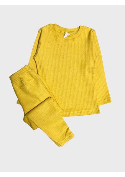 Kız Çocuk Pamuklu Fitilli Kumaş Sarı Uzun Kollu Taytlı Takım