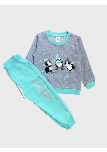 Kız Çocuk Pamuklu Penguen Desenli Gri Renk Eşofman Takımı