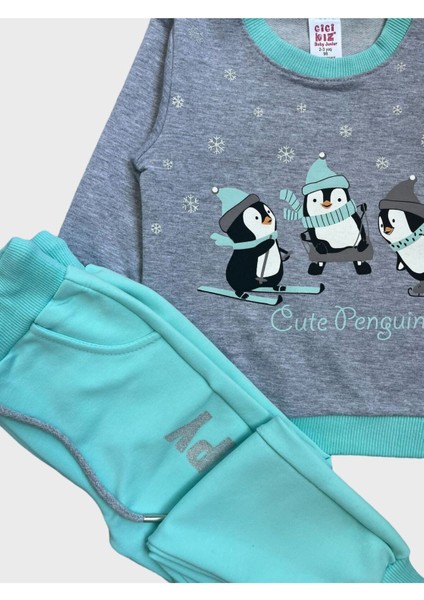 Kız Çocuk Pamuklu Penguen Desenli Gri Renk Eşofman Takımı fiyatları