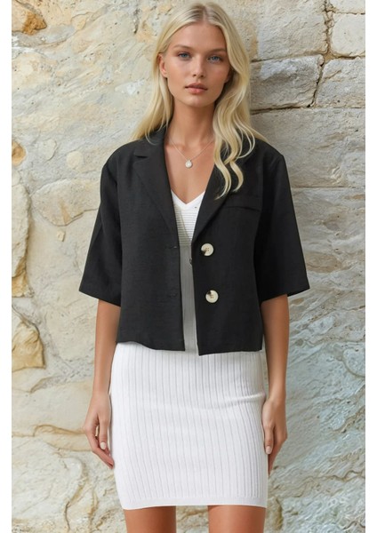 Kadın Siyah Kısa Kollu Şal Yaka Düğmeli Mevsimlik Keten Ayrobin Ceket HZL24S-BD107061