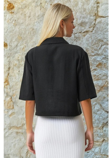Kadın Siyah Kısa Kollu Şal Yaka Düğmeli Mevsimlik Keten Ayrobin Ceket HZL24S-BD107061 fırsatları