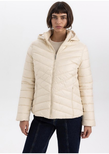 Su Geçirmez Hafif Şişme Mont Kapüşonlu Kapitoneli Fermuarlı Cepli Basic Düz Mevsimlik B2030AX24SP