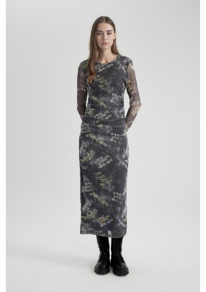 Coool Bodycon Desenli Tül Uzun Kollu Maxi Elbise C1891AX24SP modelleri