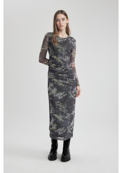 Coool Bodycon Desenli Tül Uzun Kollu Maxi Elbise C1891AX24SP fırsatları