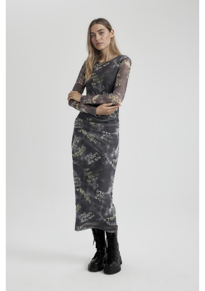 Coool Bodycon Desenli Tül Uzun Kollu Maxi Elbise C1891AX24SP indirimleri