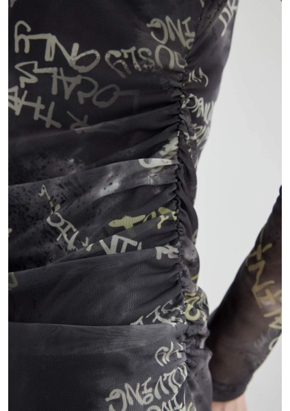 Coool Bodycon Desenli Tül Uzun Kollu Maxi Elbise C1891AX24SP