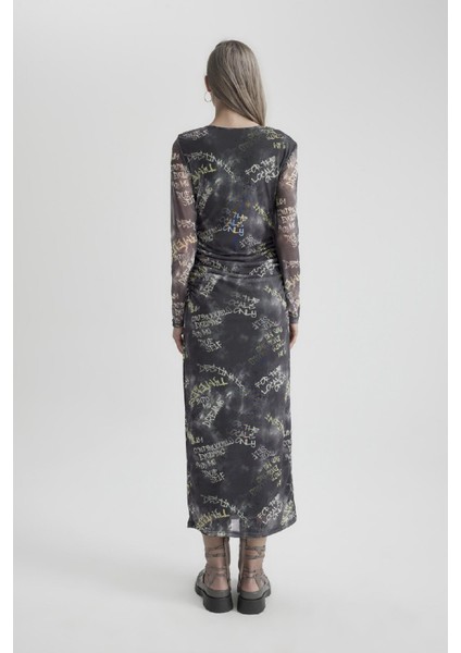 Coool Bodycon Desenli Tül Uzun Kollu Maxi Elbise C1891AX24SP