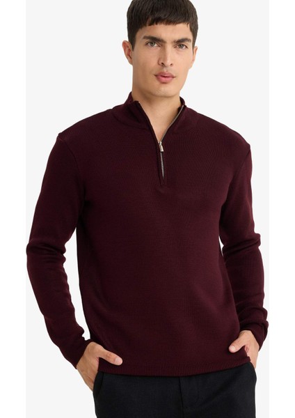 Standart Fit Normal Kesim Dik Yaka Yarım Fermuarlı Basic Düz Triko Kazak A5184AX25AU