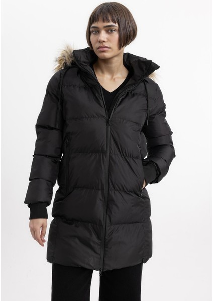 Su İtici Şişme Uzun Mont Parka Rüzgar Geçirmez Fermuarlı Suni Kürk Çıkarılabilir Kapüşonlu A4105AX24SP