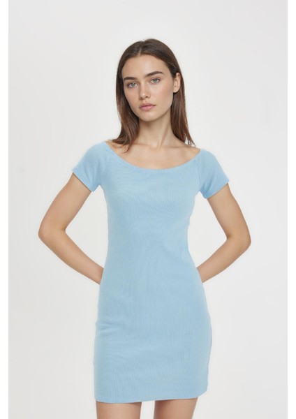 Coool Bodycon Vücuda Oturan Kayık Yaka Basic Düz Fitilli Kaşkorse Kısa Kollu Mini Elbise A7362AX24SM