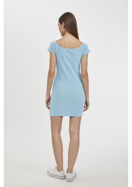 Coool Bodycon Vücuda Oturan Kayık Yaka Basic Düz Fitilli Kaşkorse Kısa Kollu Mini Elbise A7362AX24SM