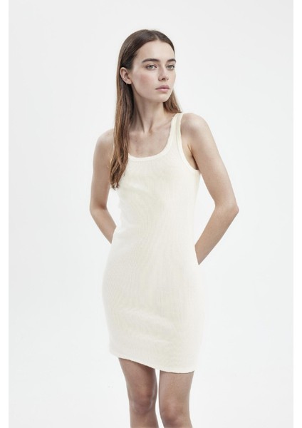 Coool Bodycon Vücudu Saran Basic Düz Fitilli Kaşkorse Kolsuz Mini Beyaz Elbise A0732AX24SM