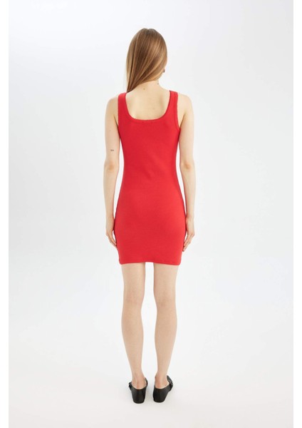 Coool Bodycon Vücudu Saran Basic Düz Fitilli Kaşkorse Kolsuz Mini Kırmızı Elbise A0732AX24SM
