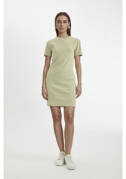 Coool Bodycon Vücudu Saran Bisiklet Yaka Fitilli Kaşkorse Kısa Kollu Mini Elbise C1503AX24SP