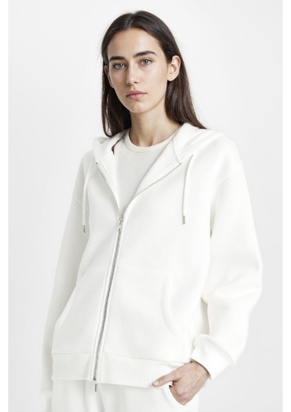 Relax Fit Kapüşonlu Cepli Basic Düz Fermuarlı Sweatshirt C1809AX24WN
