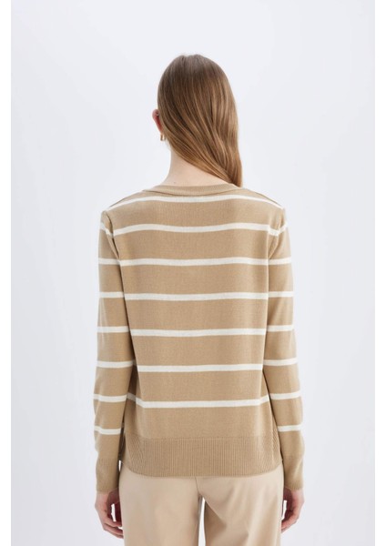 Relax Fit V Yaka Yumuşak Dokulu Çizgili Triko Kazak A2359AX24WN