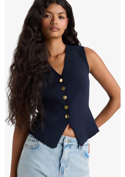 Fitted V Yaka Düğmeli Triko Yelek G1164AX25AU