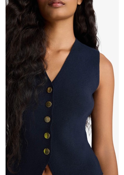 Fitted V Yaka Düğmeli Triko Yelek G1164AX25AU indirimleri