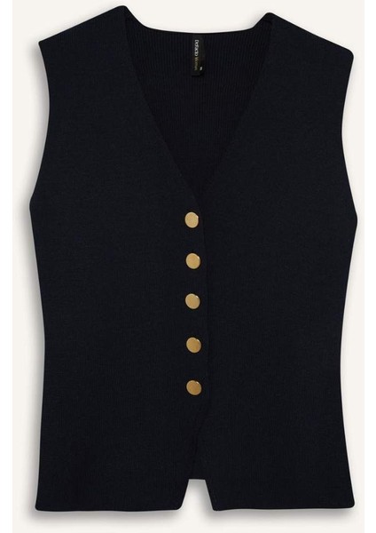 Fitted V Yaka Düğmeli Triko Yelek G1164AX25AU