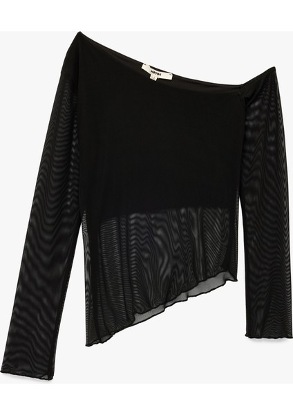 Asimetrik Kesim Astarlı Uzun Kollu Tül Tişört