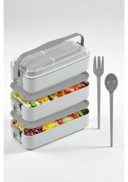 1260 ml 3 Katlı Kapaklı Çatal Bıçaklı Beslenme Kutusu Lunch Box Beslenme Kabı - Gri
