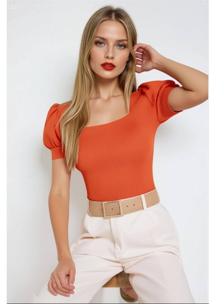 Kadın Oranj Kare Yaka Örme Bluz HZL22W-BD104091