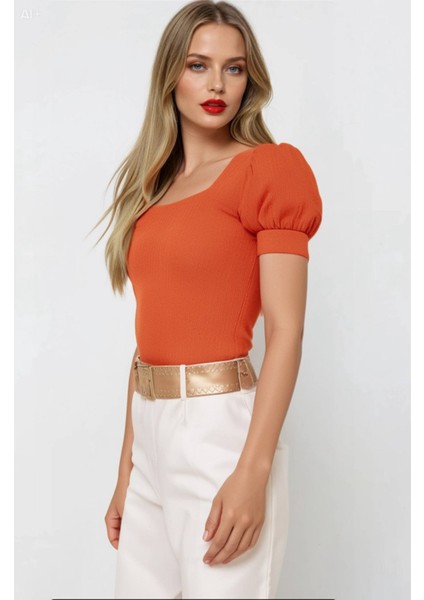 Kadın Oranj Kare Yaka Örme Bluz HZL22W-BD104091 fiyatları