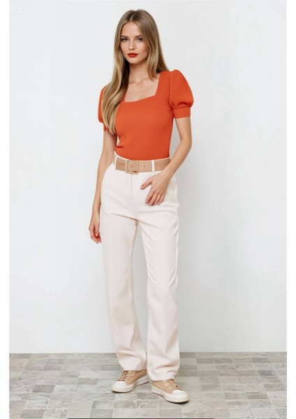 Kadın Oranj Kare Yaka Örme Bluz HZL22W-BD104091 modelleri