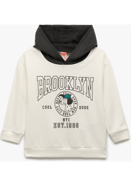 Pamuklu Şardonlu Uzun Kollu Baskılı Kapşonlu Sweatshirt