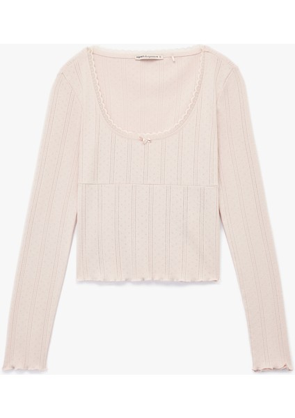 Pamuklu Uzun Kollu U Yaka Crop Pijama Üstü