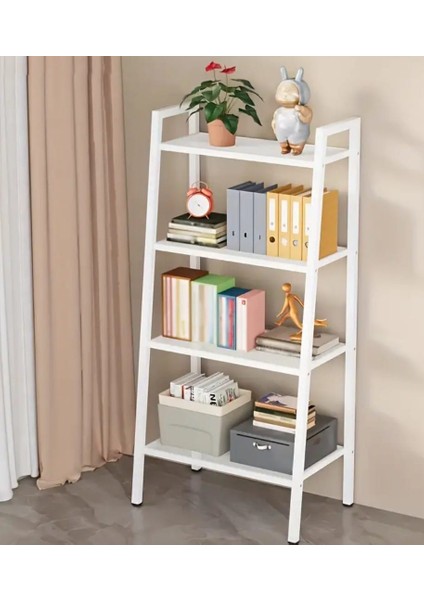 4 Katlı Merdiven Kitaplık Metal Çerçeve Açık Raf Düzenleyici Beyaz Dikey Depolama Rafı 60*150 cm