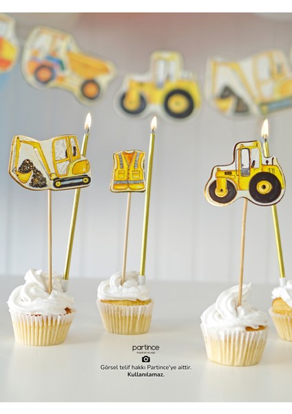 3 Parça Inşaat Tema Pasta Süsü Cake Topper Banner ve 6 Adet Metalik Gold Mum Doğum Günü Süsleme Parti Seti