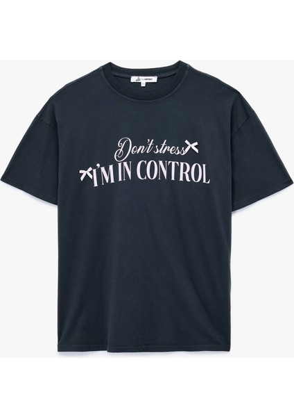 Kısa Kollu Bisiklet Yaka Pamuklu Baskılı Oversize Tişört