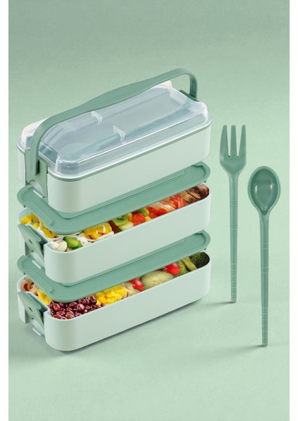 1260 ml 3 Katlı Kapaklı Çatal Bıçaklı Beslenme Kutusu Lunch Box Beslenme Kabı - Yeşil