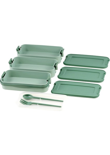 1260 ml 3 Katlı Kapaklı Çatal Bıçaklı Beslenme Kutusu Lunch Box Beslenme Kabı - Yeşil fiyatları
