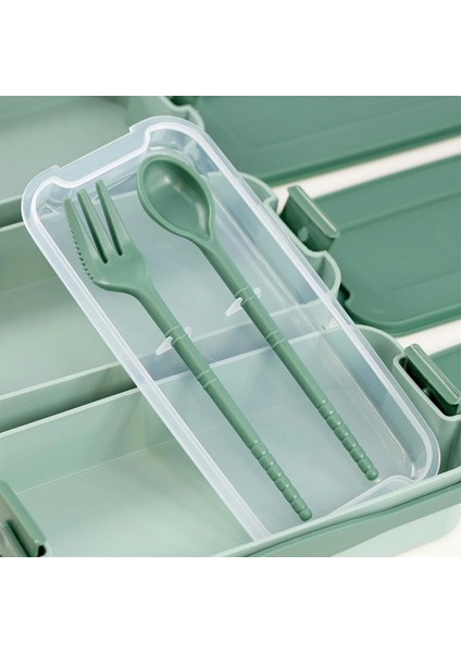 1260 ml 3 Katlı Kapaklı Çatal Bıçaklı Beslenme Kutusu Lunch Box Beslenme Kabı - Yeşil modelleri