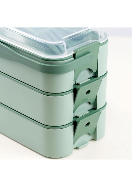 1260 ml 3 Katlı Kapaklı Çatal Bıçaklı Beslenme Kutusu Lunch Box Beslenme Kabı - Yeşil fırsatları