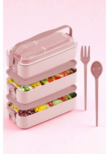 1260 ml 3 Katlı Kapaklı Çatal Bıçaklı Beslenme Kutusu Lunch Box Beslenme Kabı - Pembe