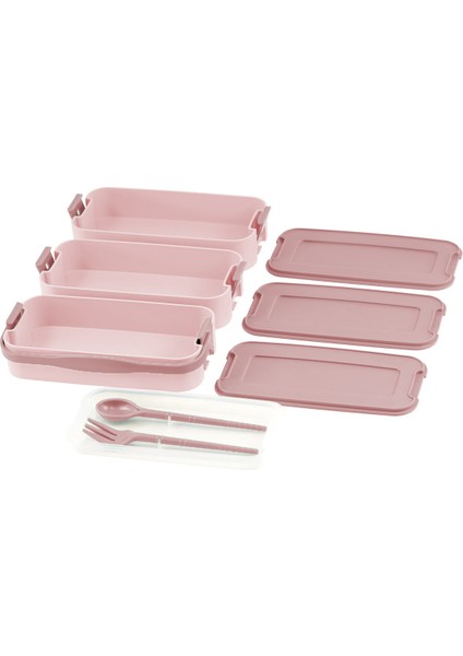 1260 ml 3 Katlı Kapaklı Çatal Bıçaklı Beslenme Kutusu Lunch Box Beslenme Kabı - Pembe fiyatları