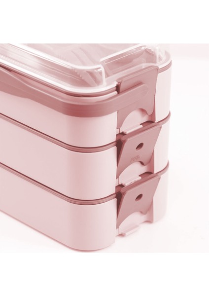 1260 ml 3 Katlı Kapaklı Çatal Bıçaklı Beslenme Kutusu Lunch Box Beslenme Kabı - Pembe fırsatları