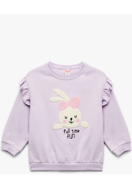 Şardonlu Uzun Kollu Bisiklet Yaka Tavşan Aplikeli Pamuklu Sweatshirt